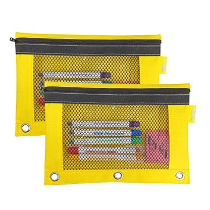 BAZIC PRODUCTS Bright Color 3-Ring Pencil Pouch with Mesh Window, 2-Pack | clear mesh window and a zipper closure for pens; pencils; supplies - color: Yellow