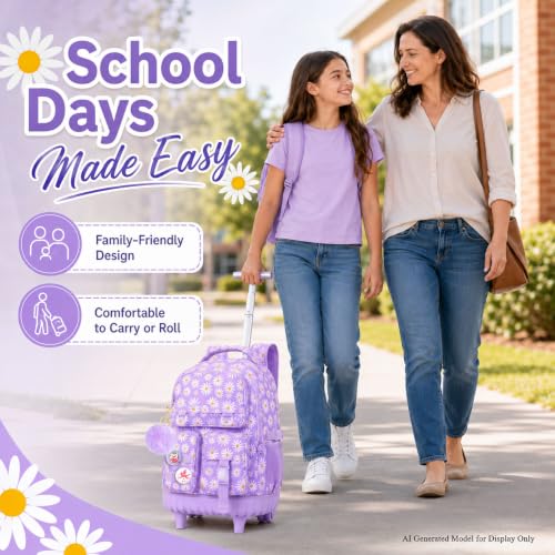 WZLVO 3PCS Girls Rolling Backpack, Water Resistance Roller Bookbag, Women Aesthetic Wheeled School Bag Set with Lunch Bag & Pencil Bag for Teens & Kids - Purple Chrysanthemum - color: 3pcs Girls Rolling Backpack - Purple Chrysanthemum