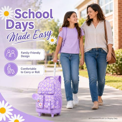 WZLVO 3PCS Girls Rolling Backpack, Water Resistance Roller Bookbag, Women Aesthetic Wheeled School Bag Set with Lunch Bag & Pencil Bag for Teens & Kids - Purple Chrysanthemum - color: 3pcs Girls Rolling Backpack - Purple Chrysanthemum