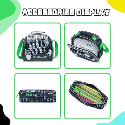 Meetbelify Rolling Backpack with Wheels for Boys Rolling Backpacks with Lunch Box for Elementary School Students Kids 3 in 1 Travel Luggage Carry on Suitcase for Boys Age 8-10 - color: 02 Green Game