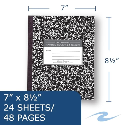 ROARING SPRING Flexible Cover Composition Notebook, Black Marble, Wide Ruled w/Margin, 24 Sheets (48 Pages), 8.5" × 7", Center-Sewn, Made in USA - size: 8.5" x 7" 24 Sheets, style: 1 Book