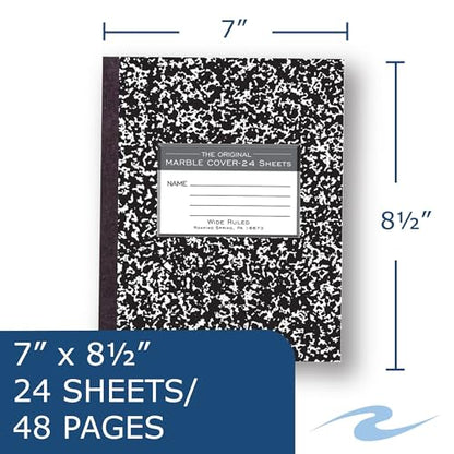 ROARING SPRING Flexible Cover Composition Notebook, Black Marble, Wide Ruled w/Margin, 24 Sheets (48 Pages), 8.5" × 7", Center-Sewn, Made in USA - size: 8.5" x 7" 24 Sheets, style: 1 Book