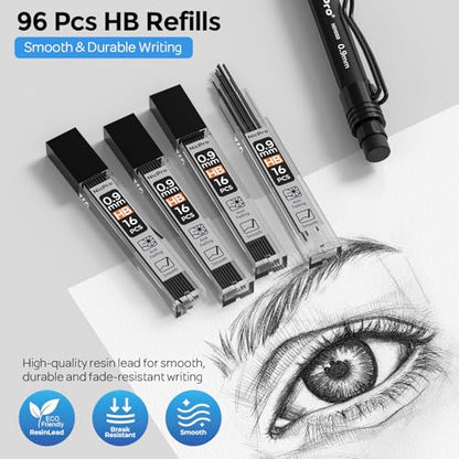 Nicpro Art Mechanical Pencil 0.9mm with Case, 3PCS HD1000 Hevey Duty Lead Pencils With 6 Tube HB 0.9 Lead Refill, Eraser, Weatherproof Barrel Pencil Set for Outdoor Writing Drafting Drawing Sketching - style: 0.9mm(3 Pcs)