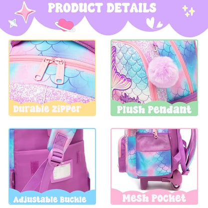 Meetbelify Kids Mermaid Rolling Backpack with Wheels for Elementary Students Kids Travel Luggage Carry on School Backpack for Girls Ages 6-8 - color: 01 Mermaid