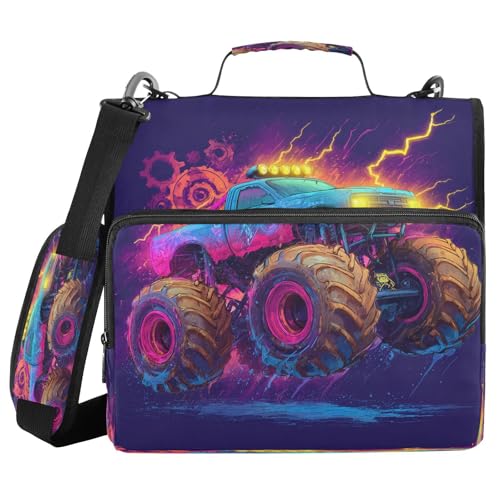Neon Monster Truck Zipper Binder 3 Ring with Shoulder Strap 2 Inch Binder Holds 500 Sheets Multi-Pocket Organizer Zipper Binders Organizer for School Students Office - color: Multicolored.13