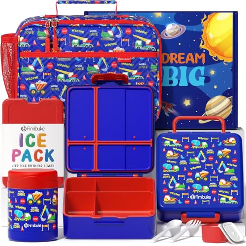 Fimibuke Kids Bento Snack Lunch Box with Thermo Insulated Toddler Lunch Bag | Lunch Box Kids with 4 Compartment, Food Jar, Ice Pack, Utensils, Birthday Gifts for Ages 3-12 Back to School Toddler Girl Boy - color: A8.Trucks