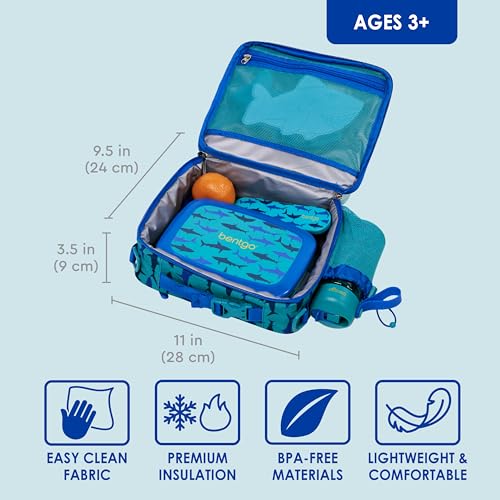 Bentgo Kids Lunch Bag - Durable, Double-Insulated Lunch Bag for Kids 3+; Holds Lunch Box, Water Bottle, & Snacks; Easy-Clean Water-Resistant Fabric & Multiple Zippered Pockets (Shark) - color: Sharks