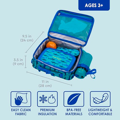 Bentgo Kids Lunch Bag - Durable, Double-Insulated Lunch Bag for Kids 3+; Holds Lunch Box, Water Bottle, & Snacks; Easy-Clean Water-Resistant Fabric & Multiple Zippered Pockets (Shark) - color: Sharks