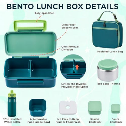JXXM Bento Lunch Box for Kids With 8oz Thermo, Leakproof Bento Box with with 2 Compartments, Insulated Bottle, Lunch Bag, BPA Free Dishwasher Safe for School Girls Boys (Green) - color: Green 01