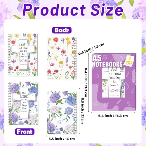 Xqumoi 2Pack A5 Floral Cross Religious Spiral Notebooks - Bible Verses Writing Notebooks, Ruled Lined Journal, Inspirational Christian Christmas Gift, Sunday School Supply (Purple & Yellow) - style: E-Purple Yellow Floral