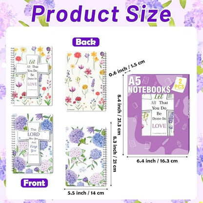 Xqumoi 2Pack A5 Floral Cross Religious Spiral Notebooks - Bible Verses Writing Notebooks, Ruled Lined Journal, Inspirational Christian Christmas Gift, Sunday School Supply (Purple & Yellow) - style: E-Purple Yellow Floral