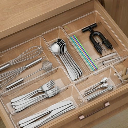 12 Piece Clear Drawer Organizer Set, 3 Sizes Bathroom Vanity Organizer Trays and Storage Bins for Makeup, Cosmetics, Jewelry, and Gadgets. Perfect for Office, Kitchen, Bedroom, Bathroom Use. - size: 12pcs-3size