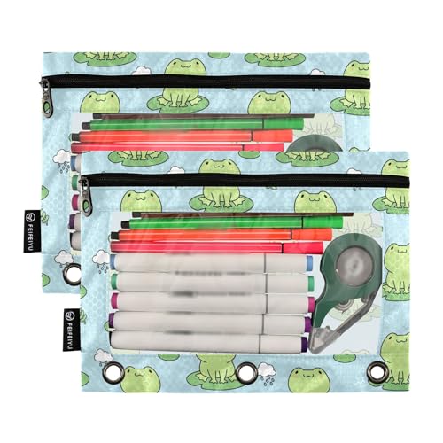ZAZYXTJ Frogs Binder Pencil Pouchs 3 Ring with Zipper Clear Window Office Organizers bag for School Students Teacher Supplies 2 Pack - color: Frogs