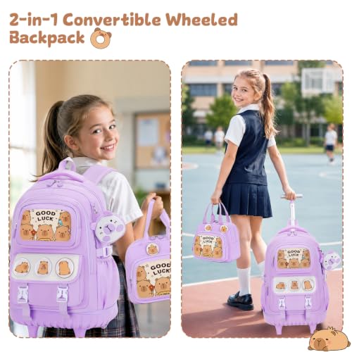 Capybara Rolling Backpack for Girls - 3PCS Girls Backpack Kids Suitcase with Lunch Box & Pencil Case Travel - Capybara Backpack with Wheels for Kindergarten Preschool Elementary (Purple) - color: Purple