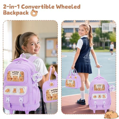 Capybara Rolling Backpack for Girls - 3PCS Girls Backpack Kids Suitcase with Lunch Box & Pencil Case Travel - Capybara Backpack with Wheels for Kindergarten Preschool Elementary (Purple) - color: Purple