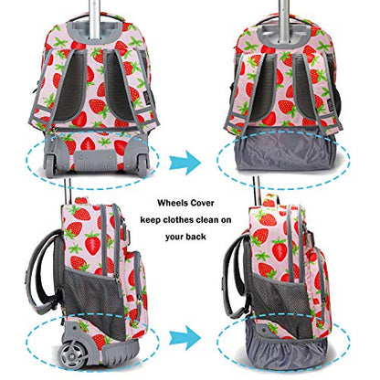 Tilami Rolling Backpack 18 inch Wheeled Backpack School College Student Travel Trip Boys and Girls - color: Strawberry