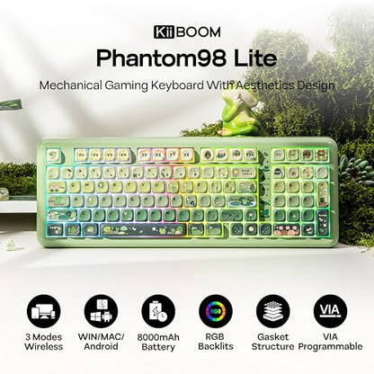 KiiBoom Phantom98 Lite 96% Wireless Mechanical Gaming Keyboard, VIA Programmable, Creamy Keyboard with Gasket, 8000mAh Battery, Hot Swap, RGB Backlits, NKRO for Win/Mac (Green, Mossy Silent Switch) - color: Green, size: Mossy Silent Switch