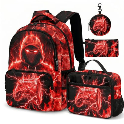 Game Backpack Set for Boys Kids, Gaming Kids Boys Backpack with Lunch Box, Pencil Bag and Coin Purse. Game School Bag 17" (Red) - color: Red-2