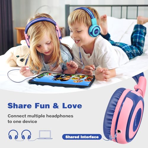 SIMOLIO Stereo Wired Headphones Teens Adults Kids Youth with Mic & Volume Control & Volume Limited & Share Port & 3.5mm AUX Jack, Safe Volume Foldable Headset for Online School Gaming PC Laptop Travel