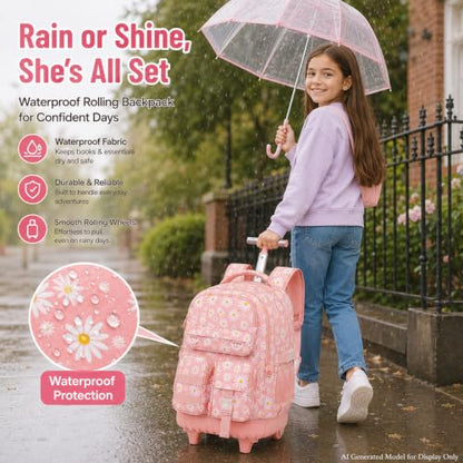 CCJPX 3Pcs Rolling Backpack for Girls, Roller Wheeled School Bookbag, Daisy Wheels Backpacks with Lunch Box for Kids (Pink) - color: Daisy Pink
