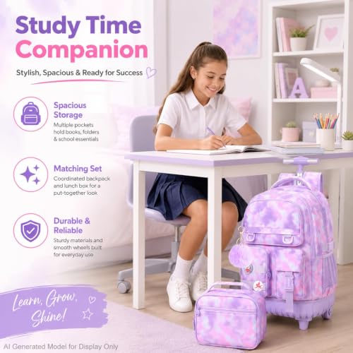 CCJPX Rolling Backpack for Girls, 3Pcs Roller Wheeled School Bookbag, Tie-dye Wheels Backpacks with Lunch Box for Kids (Pink) - color: Cloud Purple