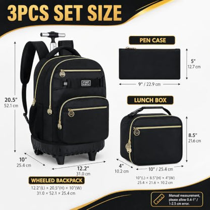 HPJGD 3PCS Rolling Backpack for Girls and Boys, Black School Backpacks with Wheels, Water Resistant Roller Wheeled Bookbag Set for Women Men - color: Classic Black Rolling Backpack Set