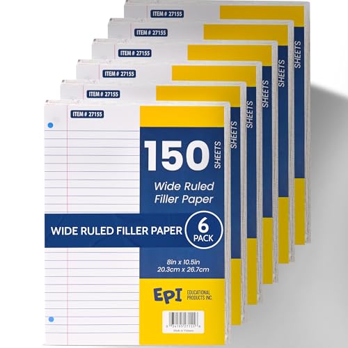 EPI Filler Paper | Wide Ruled | Loose Leaf, 3-Hole Punched, 10.5 x 8 in, 150 Sheets | School, Office, Notes, Binder Refill - 6 Pack - color: Wide Ruled, size: 6 Pack