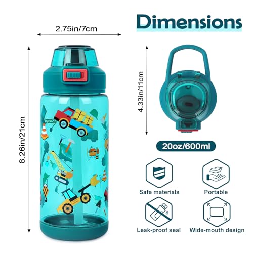 20oz Kids Water Bottle For School or Travel, Leak-Proof & Dishwasher, Durable Plastic Sport Water Bottle With Straw and Handle, Truck - color: Green truck