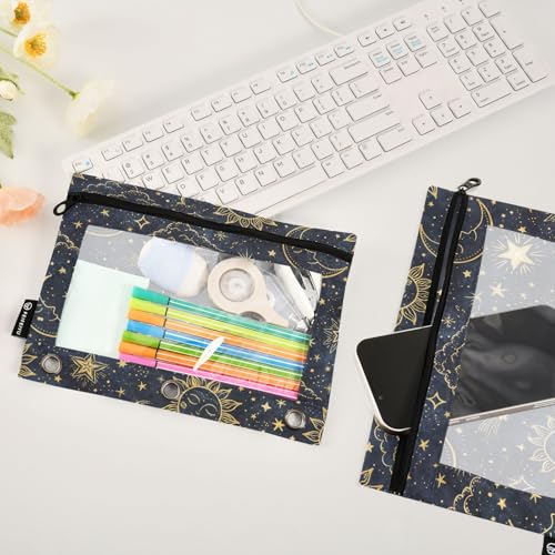 2 Pack Pencil Pouch for 3 Ring Binder Boho Sun Moon Pencil Case Pouch with Clear Window Zipper Binder Pencil Pouches Pen Bag for Office School Supplies - color: Boho Sun Moon