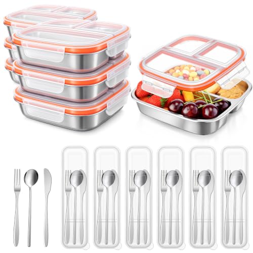 36 Pcs Stainless Steel Snack Container Set with Fork, Knife, Spoon & Chopsticks – 6 Pack 20.3 oz Leakproof Bento Snack Boxes, 2-compartment Food Storage Container for Fruit, Meal Prep & Travel - style: 3-compartments