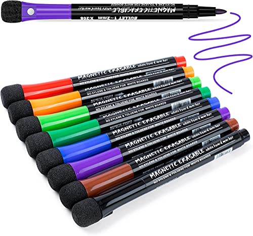 JR.WHITE Fine Tip Dry Erase Markers 8 Pack, Magnetic Dry Erase Markers With Eraser, Skinny Low Odor White Board Marker Pens Bullet Tip Fine Point Thin Dry Erase Markers For Teachers Office Supplies - color: 8 Colors(8 Pack)