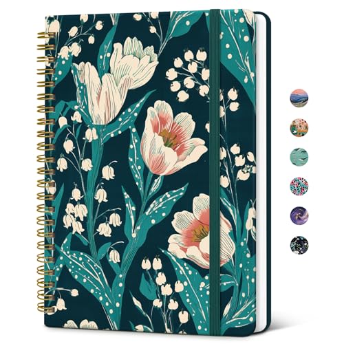 Taja Spiral Lined Journal for Women, Notebook for Work with Pretty Cover, 140 College Ruled Pages, Hardcover Notebook for Journaling, Note Taking, Bible Study, Tulip Meadow - color: B-Tulip Meadow