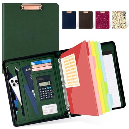 Ospelelf Green Clipboard with Storage 3 Binder Leather Portfolio Folder with Zipper, 12.1” Tablet Sleeve, 5 Dividers with Pocket, Refillable Notepad, Card Slot - color: Green