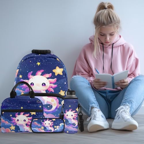 Starry Axolotl School Backpack and Lunch Bag Set, 4 Pieces Comfortable Daypack with Pencil Case & Water Bottle Holder for 3rd-7th Grade Students Daily School Use - color: Starry Axolotl Print