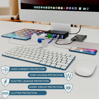 10 Ports USB Hub 3.0 Powered Aluminium - USB Hub Charger - Multiple Port - USB Splitter Hub with Power Adapter 12V/5A/60W - for Laptop, PC,Flash Drives, HDD,Hard Drive,Mouse,XPS,Xbox,Keyboard