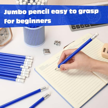 Fainne 102 Pieces Jumbo Pencils Set for Kids Toddlers 96 Thick Fat Large Pencils with Erasers 6 Sharpeners Bulk for Preschool Kindergarten Elementary School Classroom(Blue,Triangle) - color: Blue, style: Triangle