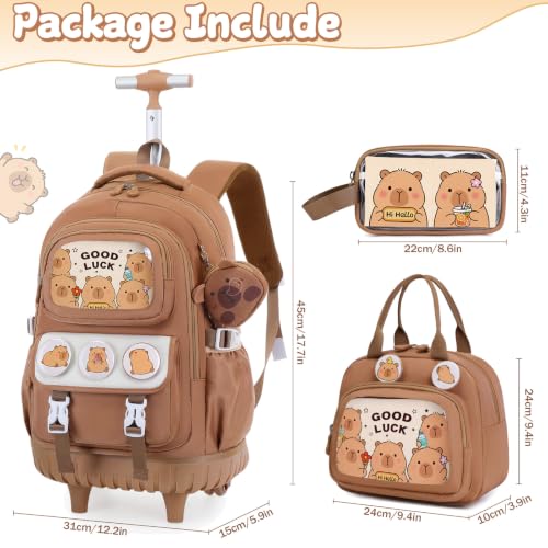 Capybara Rolling Backpack for Girls - 3PCS Girls Backpack Kids Suitcase with Lunch Box & Pencil Case Travel - Capybara Backpack with Wheels for Kindergarten Preschool Elementary (Brown) - color: Brown