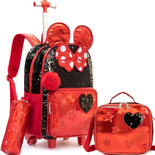 Meetbelify Rolling Backpack for Girls Backpacks with Wheels for Elementary School Students Kids 3 in 1 Travel Luggage Suitcase with Lunch Box Pencil Case for Girls Age 8-10 - color: Big Ear Red