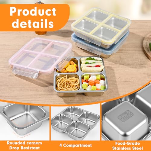 4 Pack Stainless Steel Snack Containers with Lids, Leakproof 4 Compartment Bento Lunch Boxes, Reusable Metal Meal Prep Food Storage Containers, Dishwasher Safe for Work, Travel, Picnic (4pack-A) - color: 4pack-A