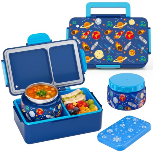 SHPMXUPW Kids Bento Lunch Box – 12 oz Stainless‑Steel Soup Thermo & 3‑Compartment Leak‑Proof Food Container with Built‑In Ice Pack, Insulated Food Jar for Boys & Girls, School & Travel - color: Blue-Universe