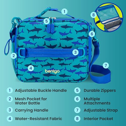 Bentgo Kids Lunch Bag - Durable, Double-Insulated Lunch Bag for Kids 3+; Holds Lunch Box, Water Bottle, & Snacks; Easy-Clean Water-Resistant Fabric & Multiple Zippered Pockets (Shark) - color: Sharks