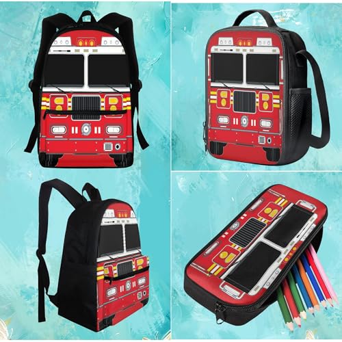 BIGCARJOB Boys School Bags Set 3 Pcs Cute Ambulance Print Backpack Set with Lunch Box Pencil Holder for Teens Kids Rucksack Cartoon Ambulance School Bookbags Set - color: B Cute Ambulance, size: One Size