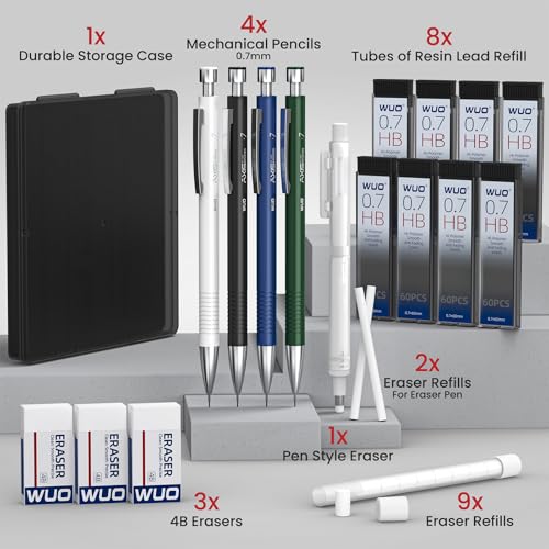 WUO 0.7mm Mechanical Pencil Set with Case, 4PCS Metal Mechanical Pencils with Eraser Pen, 480 HB Lead Refills, 3 Erasers, 11 Eraser Refills, Artist Drafting Pencils for Writing, Drawing, Sketching