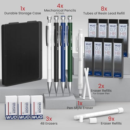 WUO 0.7mm Mechanical Pencil Set with Case, 4PCS Metal Mechanical Pencils with Eraser Pen, 480 HB Lead Refills, 3 Erasers, 11 Eraser Refills, Artist Drafting Pencils for Writing, Drawing, Sketching