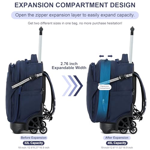 NEW TILAMI 18 Inch Expandable Rolling Backpack with 6-Wheel Stair Climbing, Waterproof Wheeled School Bag with 15.6" Laptop Sleeve for Boys Girls, Carry-on Luggage 98cm Dual-Height Handle - Navy Blue - color: Navy Blue