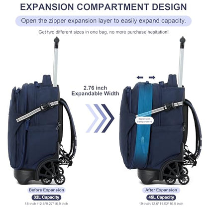 NEW TILAMI 18 Inch Expandable Rolling Backpack with 6-Wheel Stair Climbing, Waterproof Wheeled School Bag with 15.6" Laptop Sleeve for Boys Girls, Carry-on Luggage 98cm Dual-Height Handle - Navy Blue - color: Navy Blue