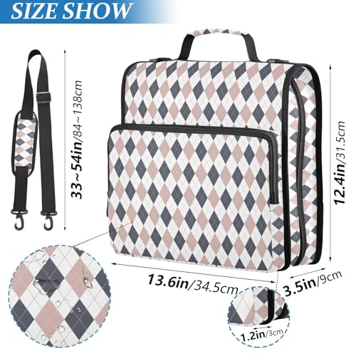 Blue Brown Diamond Checkered Plaid Striped Binder Bag 3 Ring Zipper Binders with Shoulder Strap for School Office Organizer Storage - color: Q004