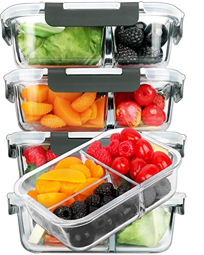 M MCIRCO [5-Pack, 36 oz] Glass Meal Prep Containers 3 Compartment with Lids, Glass Lunch Containers,Food Prep Lunch Box,Bento Box,Microwave, Oven, Freezer, Dishwasher (4.5 Cups) - color: Gray