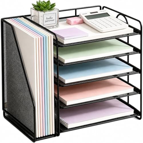 OPNICE Desk Organizers and Accessories, 5-Tier Paper Organizer Letter Tray with Magazine Holder, Office Desk Accessories & Workspace Organizers, Desktop File Organizer for Office Supplies, Black - color: Black, size: 15.5" x 9" x 10.3"