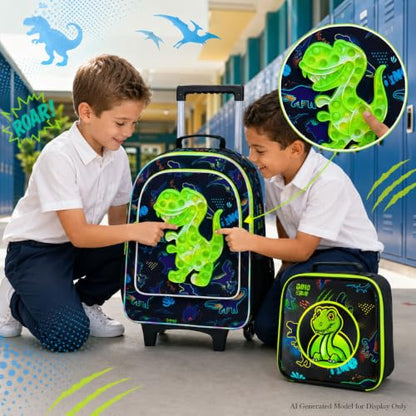 WZLVO 4PCS Dinosaur Rolling Backpack for Boys - Cool Wheeled School Set with Lunch Box,Water Resistant Roller School Backpack on Wheels for Elementary Kids Travel - color: Boys Rolling Backpack - Popular Dinosaur